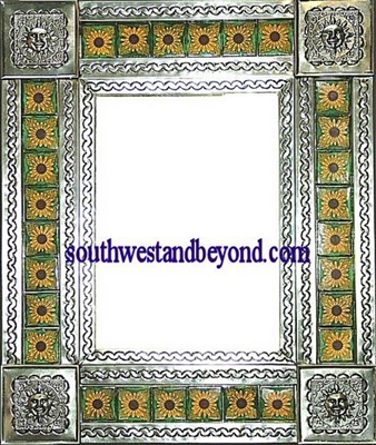 rectangular 25"x21" tin framed hand hammered mirror with talavera tiles - silver color