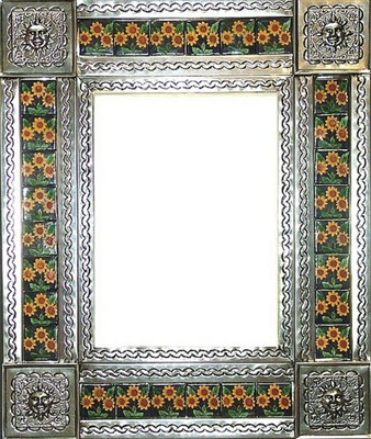 rectangular 25"x21" tin framed hand hammered mirror with talavera tiles - silver color