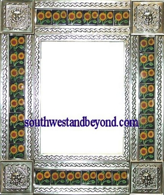 rectangular 25"x21" tin framed hand hammered mirror with talavera tiles - silver color