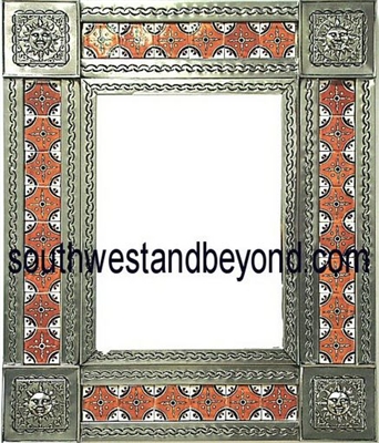 rectangular 25"x21" tin framed hand hammered mirror with talavera tiles - silver color