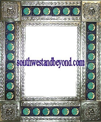 rectangular 25"x21" tin framed hand hammered mirror with talavera tiles - silver color