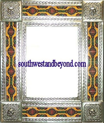 rectangular 25"x21" tin framed hand hammered mirror with talavera tiles - silver color