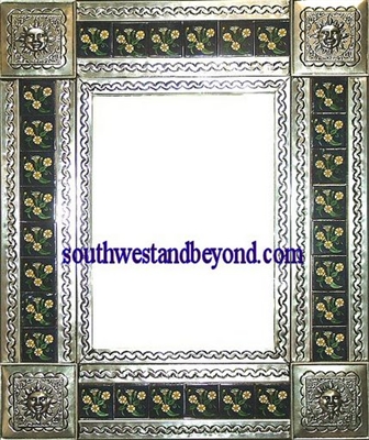 rectangular 25"x21" tin framed hand hammered mirror with talavera tiles - silver color