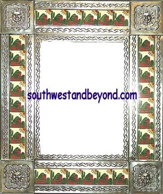 rectangular 25"x21" tin framed hand hammered mirror with talavera tiles - silver color