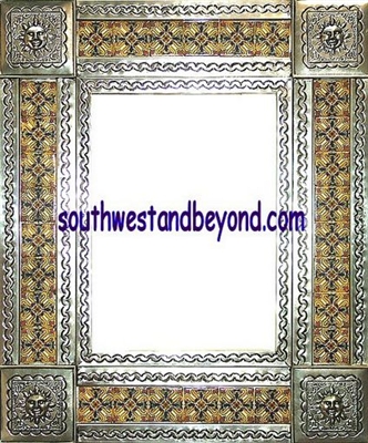 rectangular 25"x21" tin framed hand hammered mirror with talavera tiles - silver color