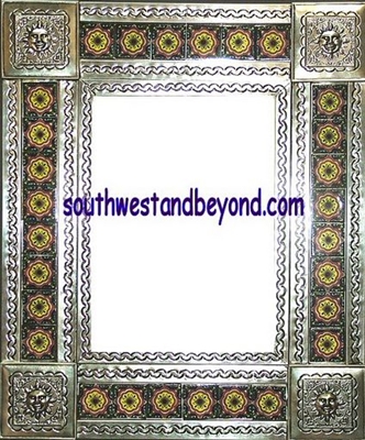 rectangular 25"x21" tin framed hand hammered mirror with talavera tiles - silver color