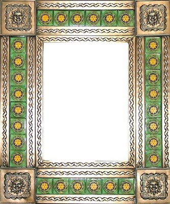 rectangular 21"x15" tin framed hand hammered mirror with talavera tiles - coffee cream color