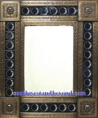 rectangular 25"x21" tin framed hand hammered mirror with talavera tiles - coffee cream color
