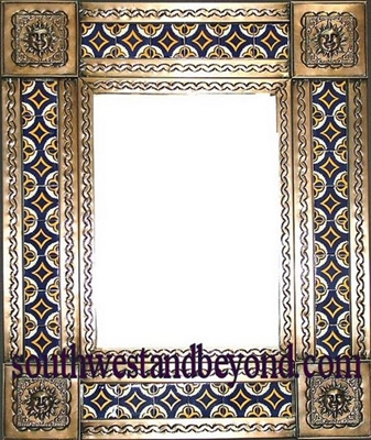 rectangular 25"x21" tin framed hand hammered mirror with talavera tiles - coffee cream color