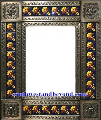 rectangular 25"x21" tin framed hand hammered mirror with talavera tiles - coffee cream color