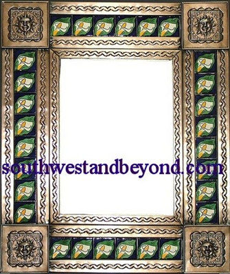 rectangular 25"x21" tin framed hand hammered mirror with talavera tiles - coffee cream color