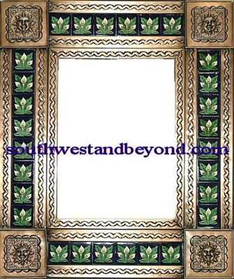 rectangular 25"x21" tin framed hand hammered mirror with talavera tiles - coffee cream color