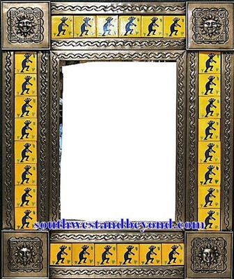 rectangular 25"x21" tin framed hand hammered mirror with talavera tiles - coffee cream color