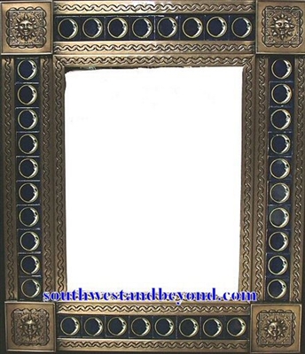 tin framed hand hammered 29"x25" mirror with talavera tiles - coffee cream color
