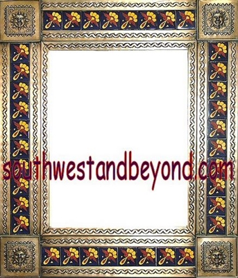 tin framed hand hammered 29"x25" mirror with talavera tiles - coffee cream color