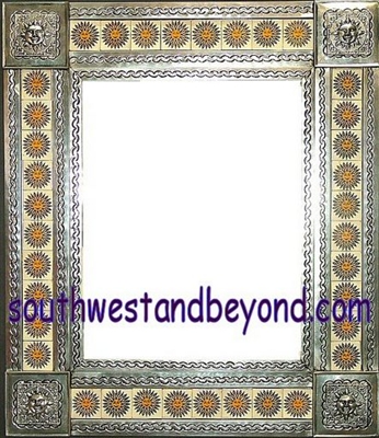 tin framed hand hammered 29"x25" mirror with talavera tiles - silver color