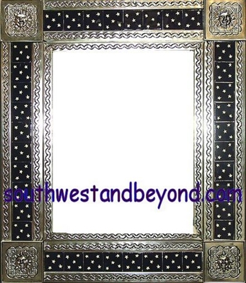 tin framed hand hammered 29"x25" mirror with talavera tiles - silver color
