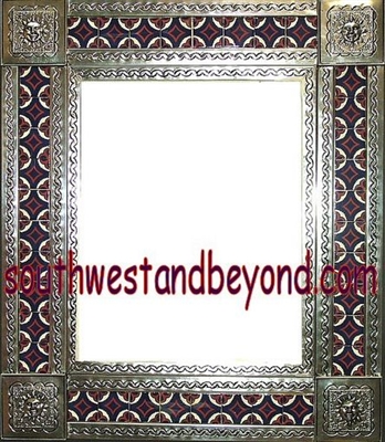 tin framed hand hammered 29"x25" mirror with talavera tiles - silver color
