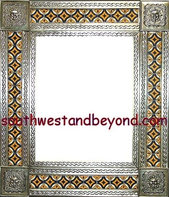 tin framed hand hammered 29"x25" mirror with talavera tiles - silver color