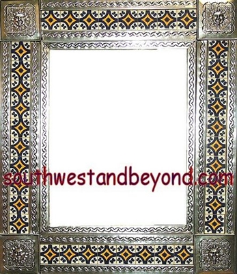 tin framed hand hammered 29"x25" mirror with talavera tiles - silver color