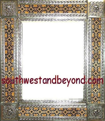 tin framed hand hammered 29"x25" mirror with talavera tiles - silver color