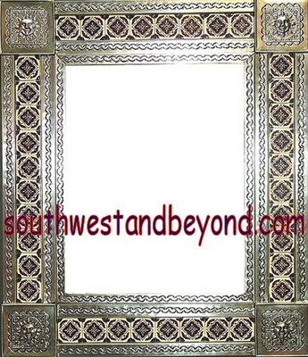 tin framed hand hammered 29"x25" mirror with talavera tiles - silver color