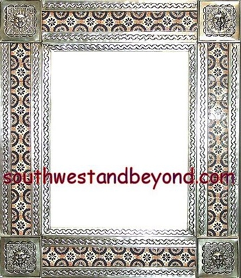 tin framed hand hammered 29"x25" mirror with talavera tiles - silver color