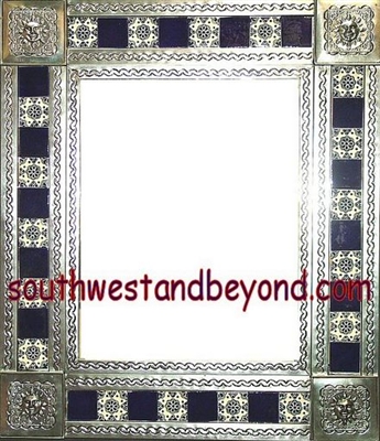 tin framed hand hammered 29"x25" mirror with talavera tiles - silver color