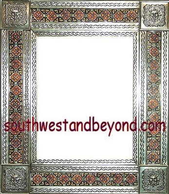 tin framed hand hammered 29"x25" mirror with talavera tiles - silver color