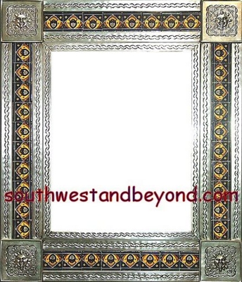 tin framed hand hammered 29"x25" mirror with talavera tiles - silver color