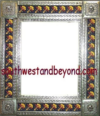 tin framed hand hammered 29"x25" mirror with talavera tiles - silver color