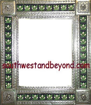 tin framed hand hammered 29"x25" mirror with talavera tiles - silver color