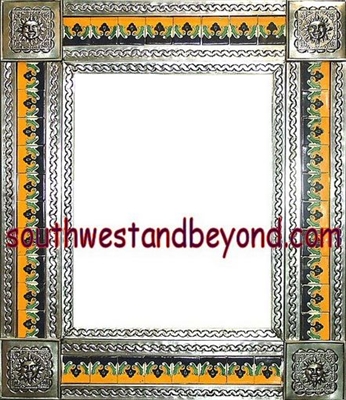 tin framed hand hammered 29"x25" mirror with talavera tiles - silver color