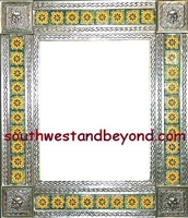 tin framed hand hammered 29"x25" mirror with talavera tiles - silver color
