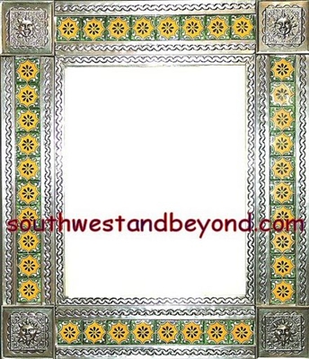 tin framed hand hammered 29"x25" mirror with talavera tiles - silver color
