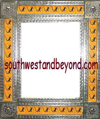 tin framed hand hammered 29"x25" mirror with talavera tiles - silver color