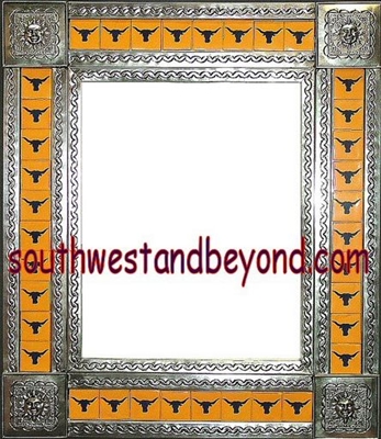 tin framed hand hammered 29"x25" mirror with talavera tiles - silver color