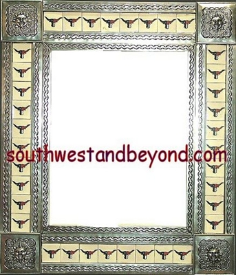 tin framed hand hammered 29"x25" mirror with talavera tiles - silver color