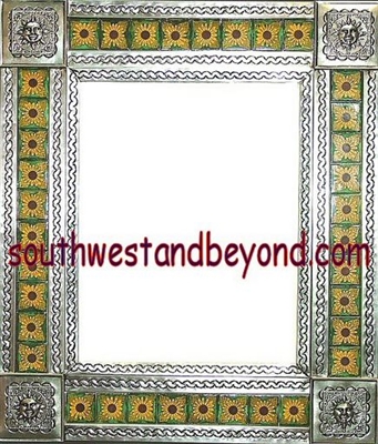 tin framed hand hammered 29"x25" mirror with talavera tiles - silver color