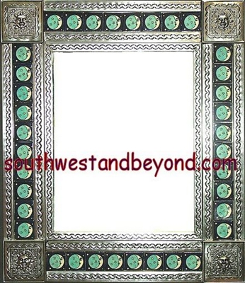 tin framed hand hammered 29"x25" mirror with talavera tiles - silver color