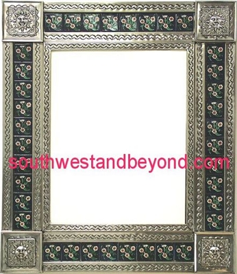 tin framed hand hammered 29"x25" mirror with talavera tiles - silver color