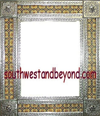 rectangular tin framed hand hammered 29"x25" mirror with talavera tiles - silver