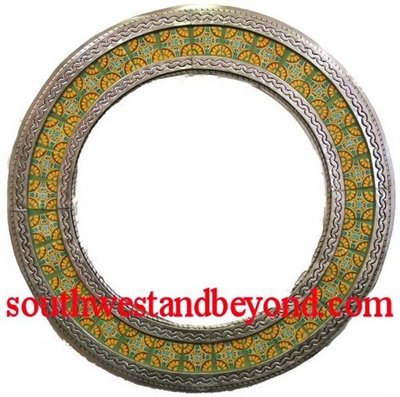 Mexican round tin framed mirror with talavera tiles - silver