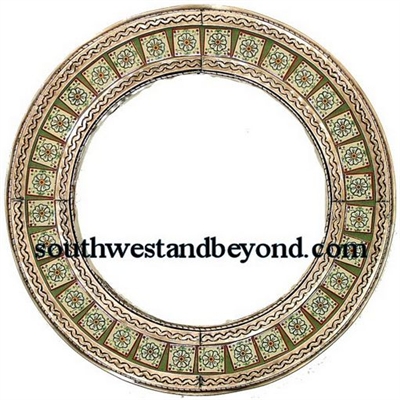Mexican Round Tin Framed Mirror with Talavera Tiles - Coffee Cream Color