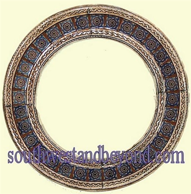 Mexican Round Tin Framed Mirror with Talavera Tiles - Coffee Cream