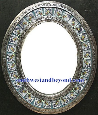 Mexican oval tin framed mirror with talavera tiles - silver color