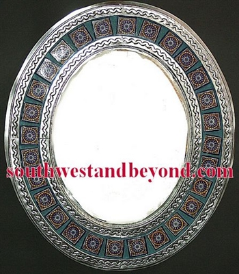 Mexican oval tin framed mirror with talavera tiles - silver color