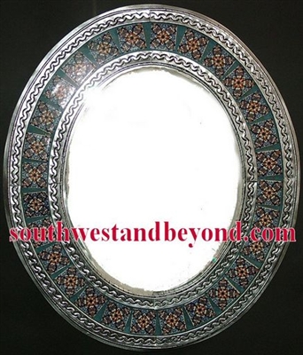 Mexican oval tin framed mirror with talavera tiles - silver color