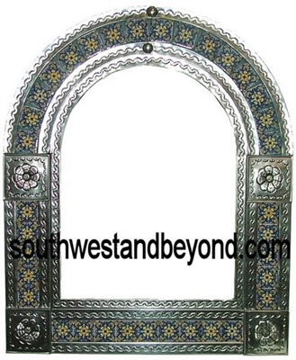 Arched tin framed hand hammered mirror with talavera tiles - silver