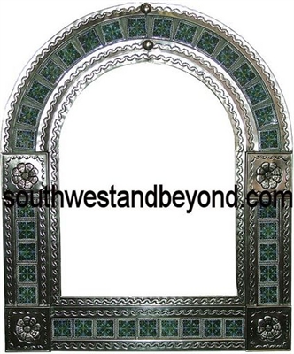 Arched tin framed hand hammered mirror with talavera tiles - silver